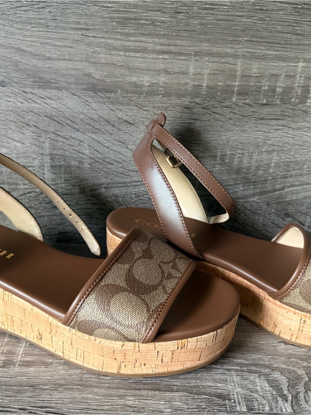 Coach Brown Canvas Logo Platform Sandals